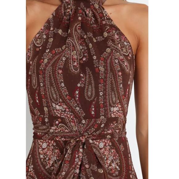 Petal and Pup - Tia Brown Halter Neck Swiss Dot Paisley High Low Maxi Dress - Picture 12 of 16